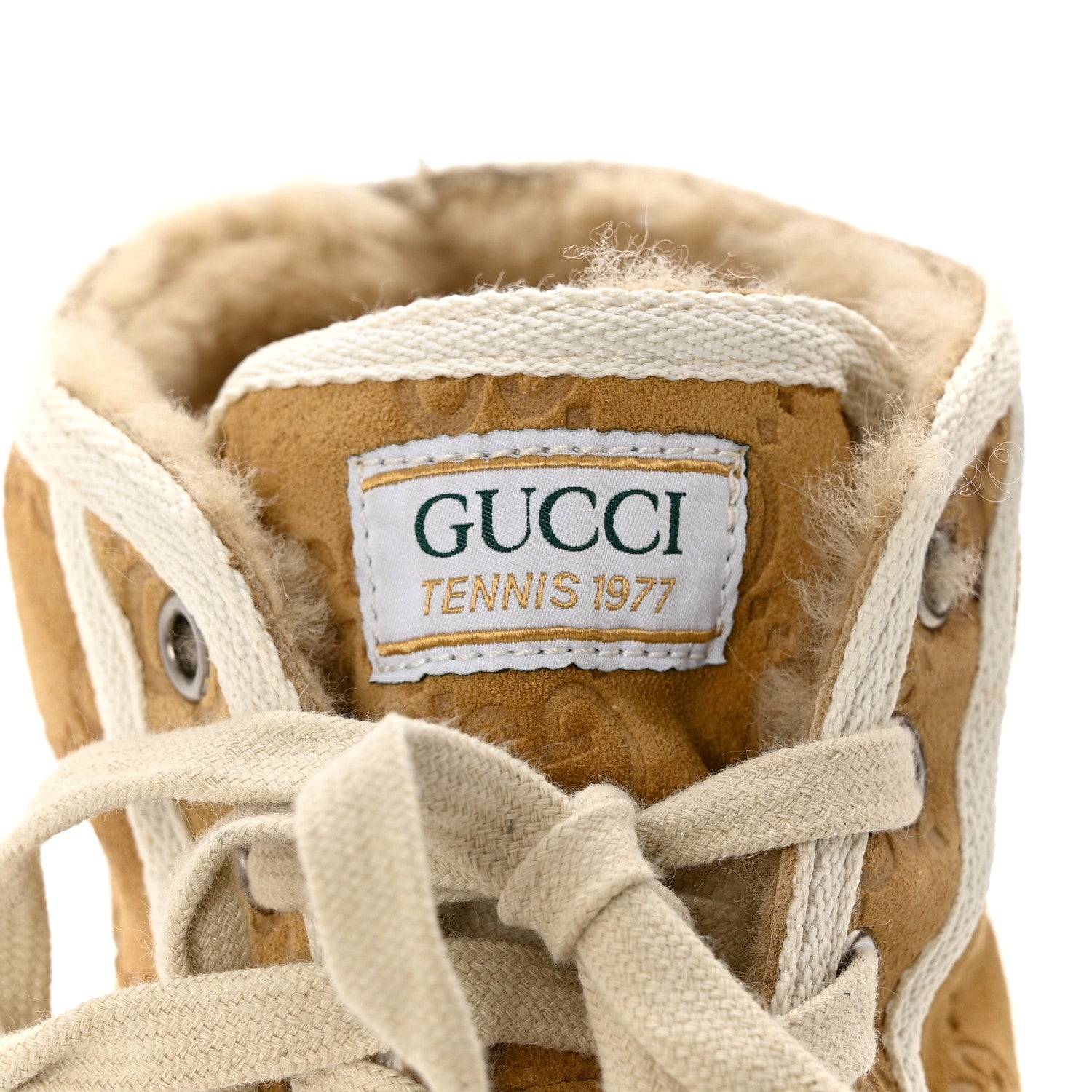 Gucci Suede Shearling Web GG Monogram Embossed Womens 1977 Tennis High Top Sneakers 37 Butterscotch Mystic White 6 of 8