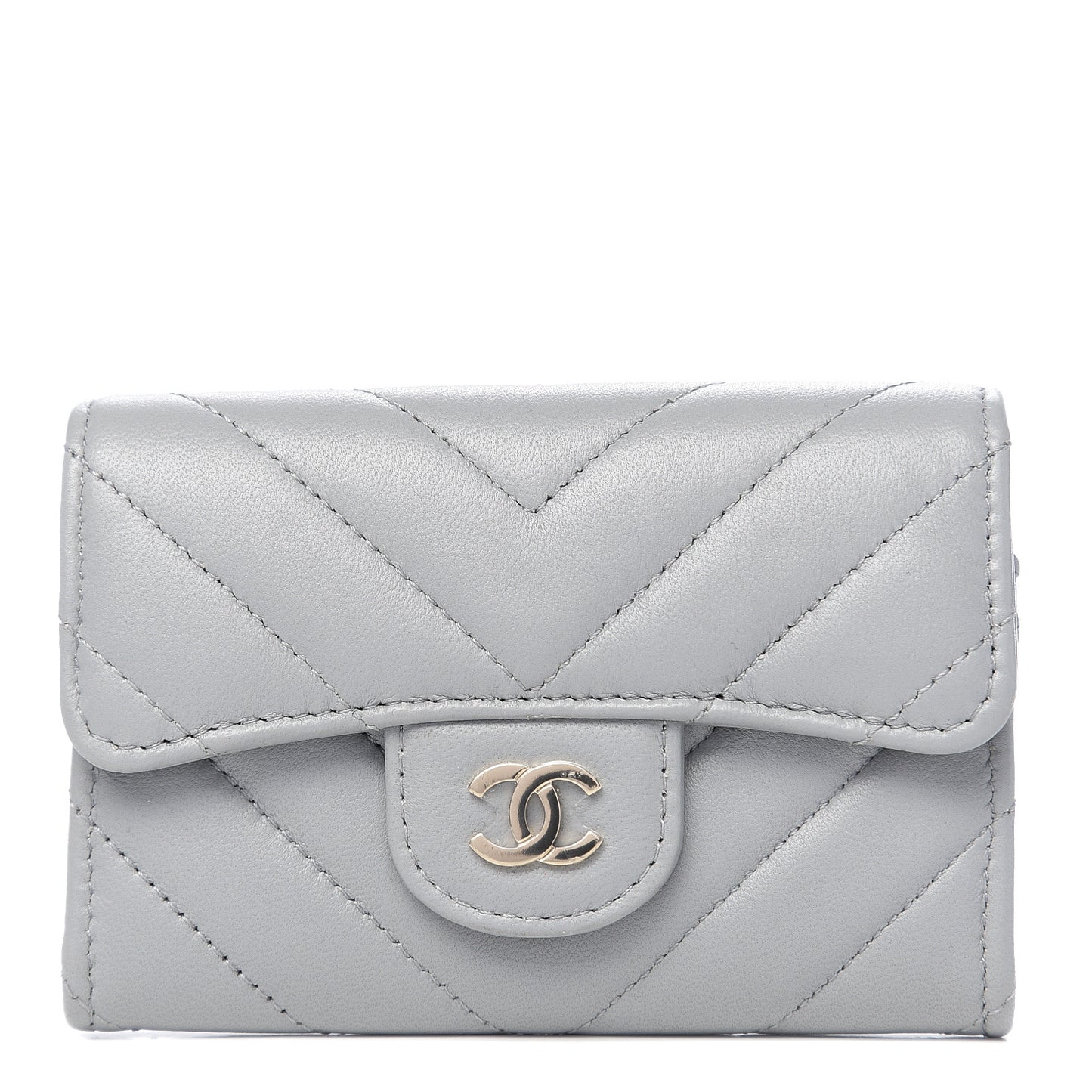 Lambskin Chevron Quilted Flap Card Holder Grey