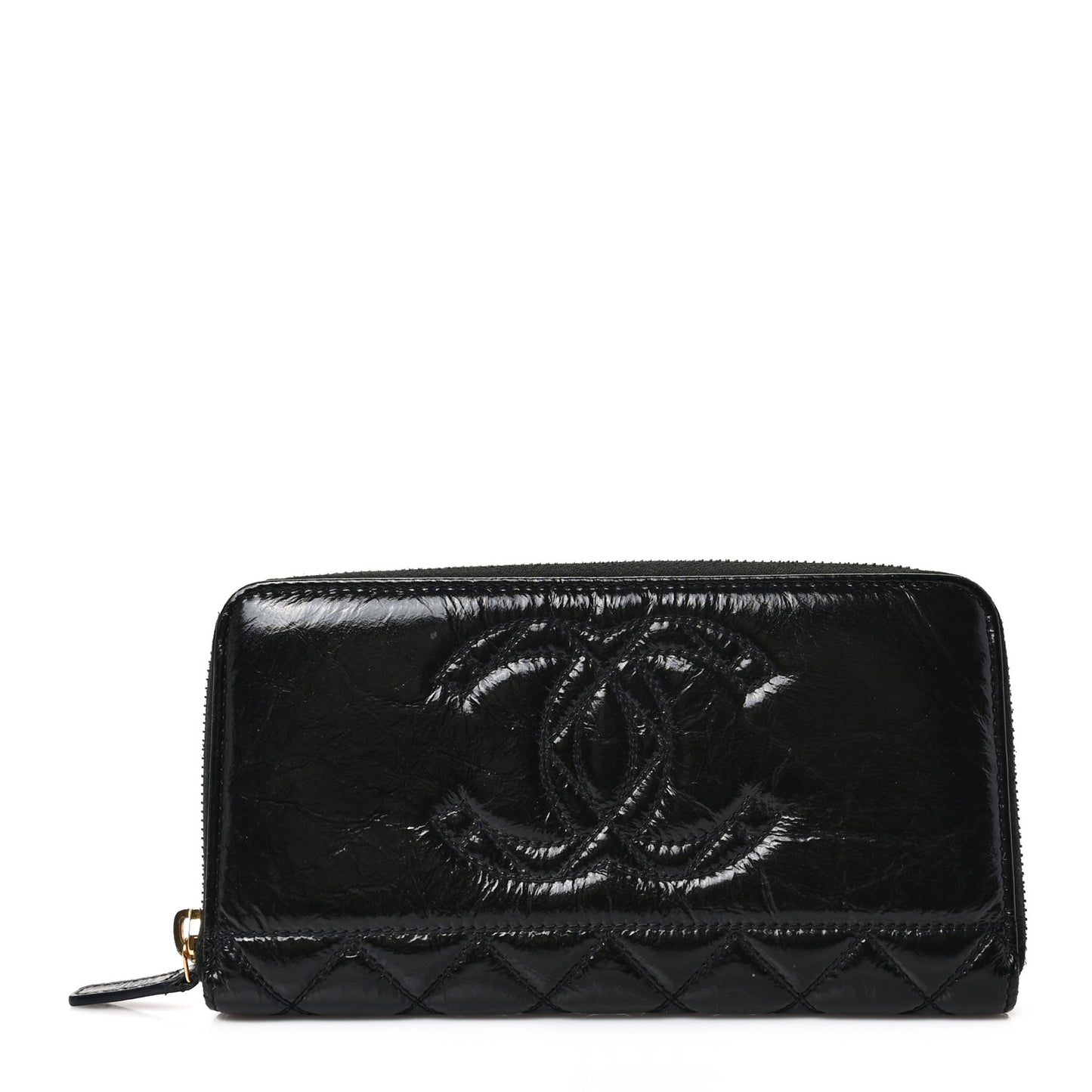 Shiny Aged Calfskin Quilted CC Wallet Black