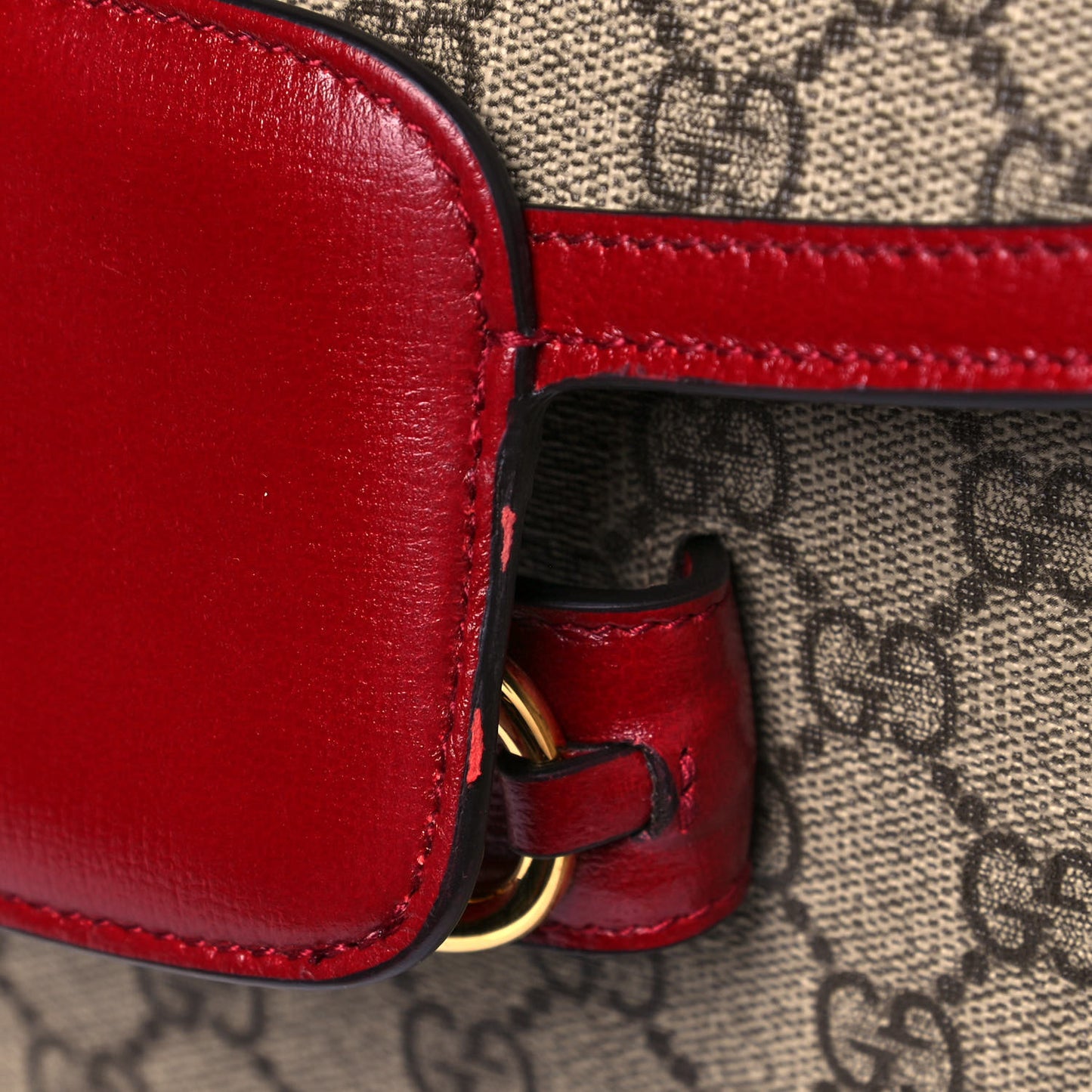 GG Supreme Monogram Azalea Calfskin Horsebit 1955 Shoulder Bag Beige Ebony New Cherry Red