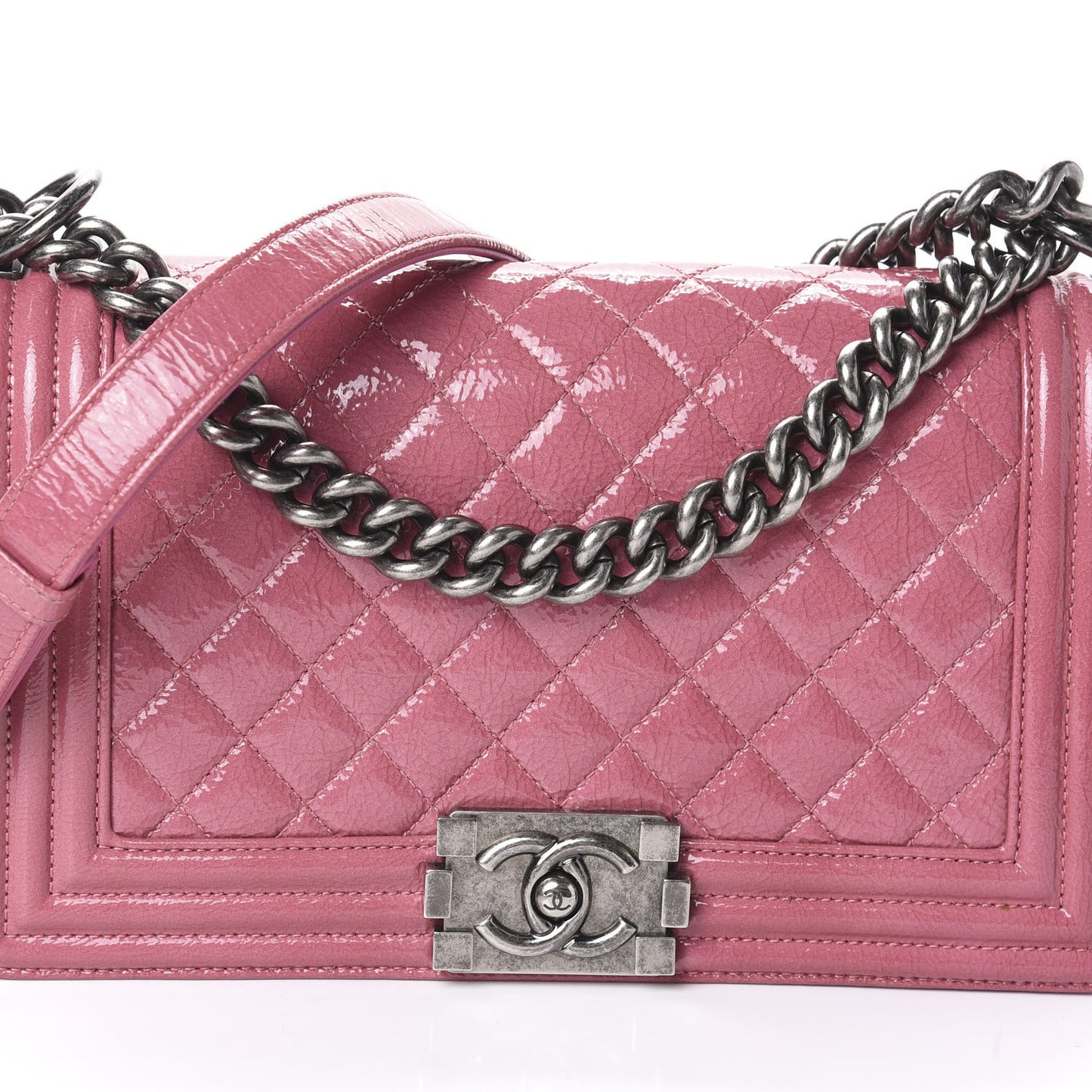 Distressed Patent Quilted Medium Boy Flap Pink