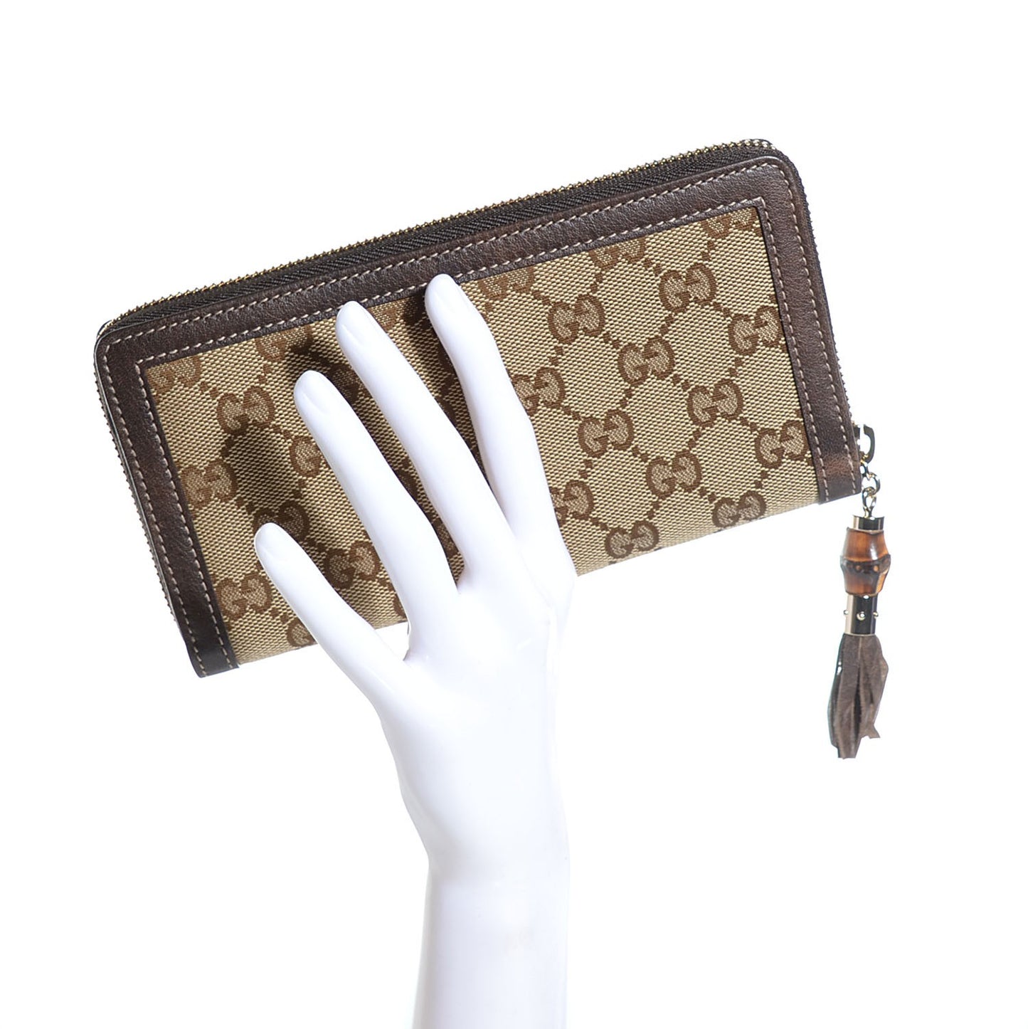 Monogram Calfskin Bamboo Tassel Zip Around Wallet Beige Ebony Chocolate