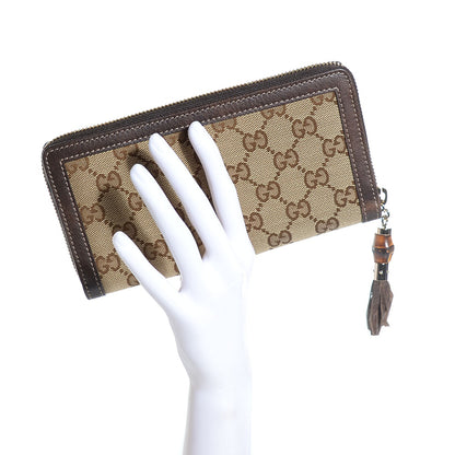 Gucci Monogram Calfskin Bamboo Tassel Zip Around Wallet Beige Ebony Chocolate 2 of 8