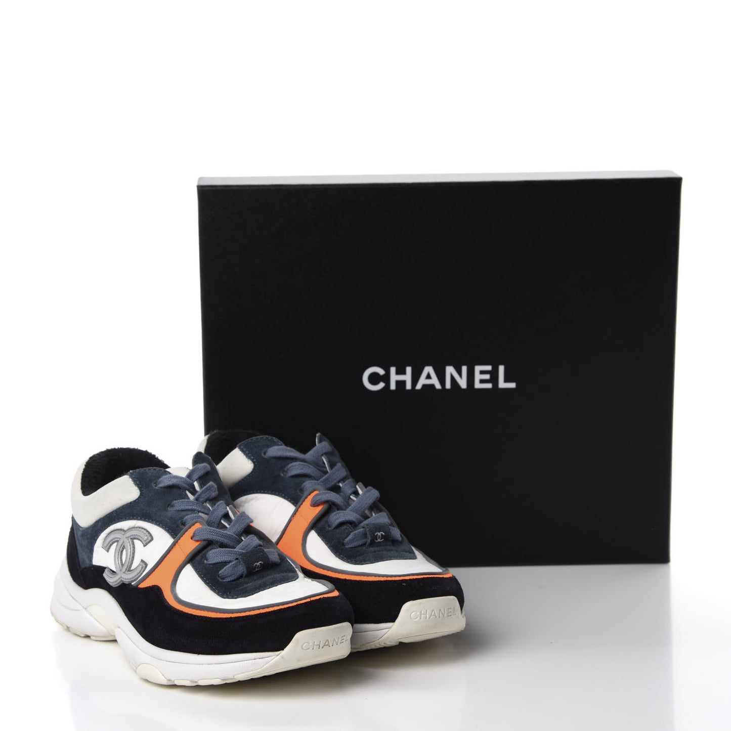 Nylon Calfskin Suede CC Womens Sneakers 36 Navy White Orange