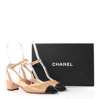 Chanel Goatskin Grosgrain Cap Toe CC Mary Jane Slingback Pumps 40 Beige Black 9 of 9