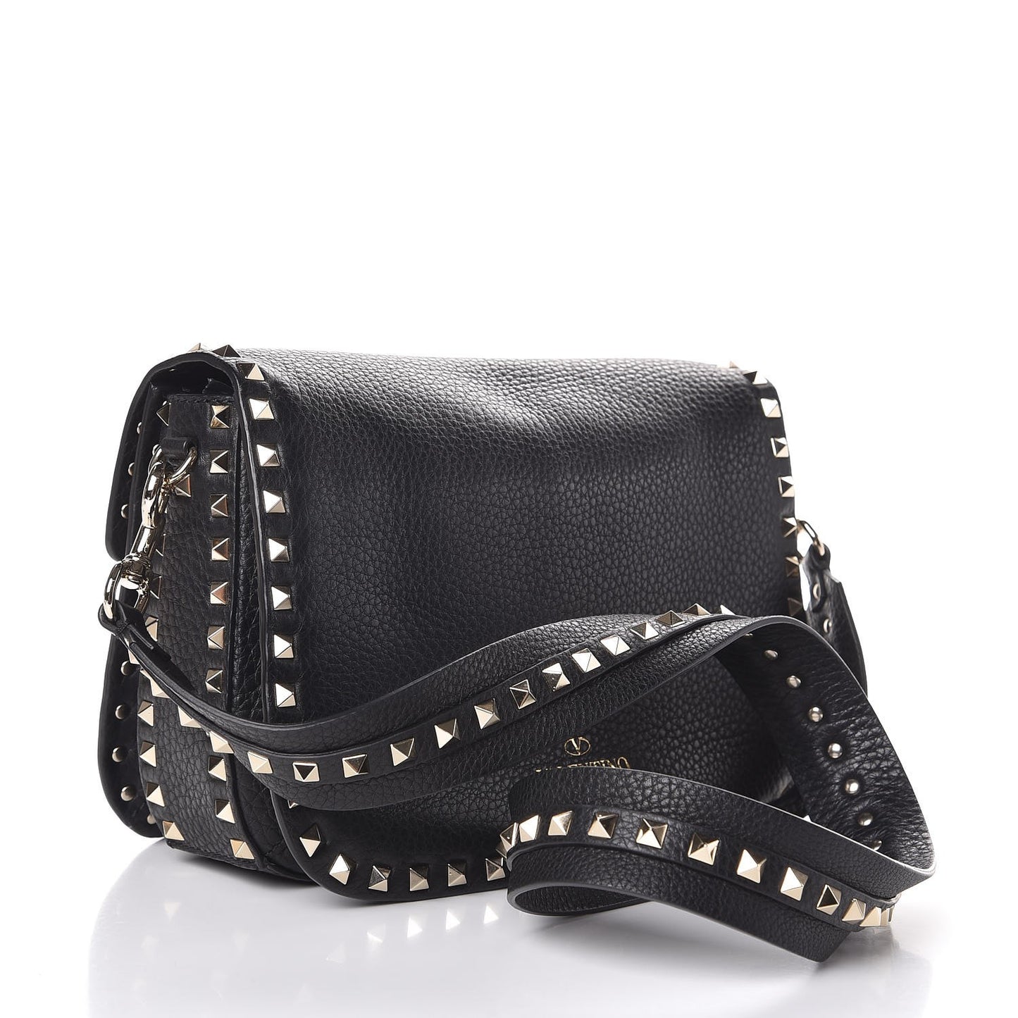 Pebbled Calfskin Medium Rockstud Flap Saddle Bag Black