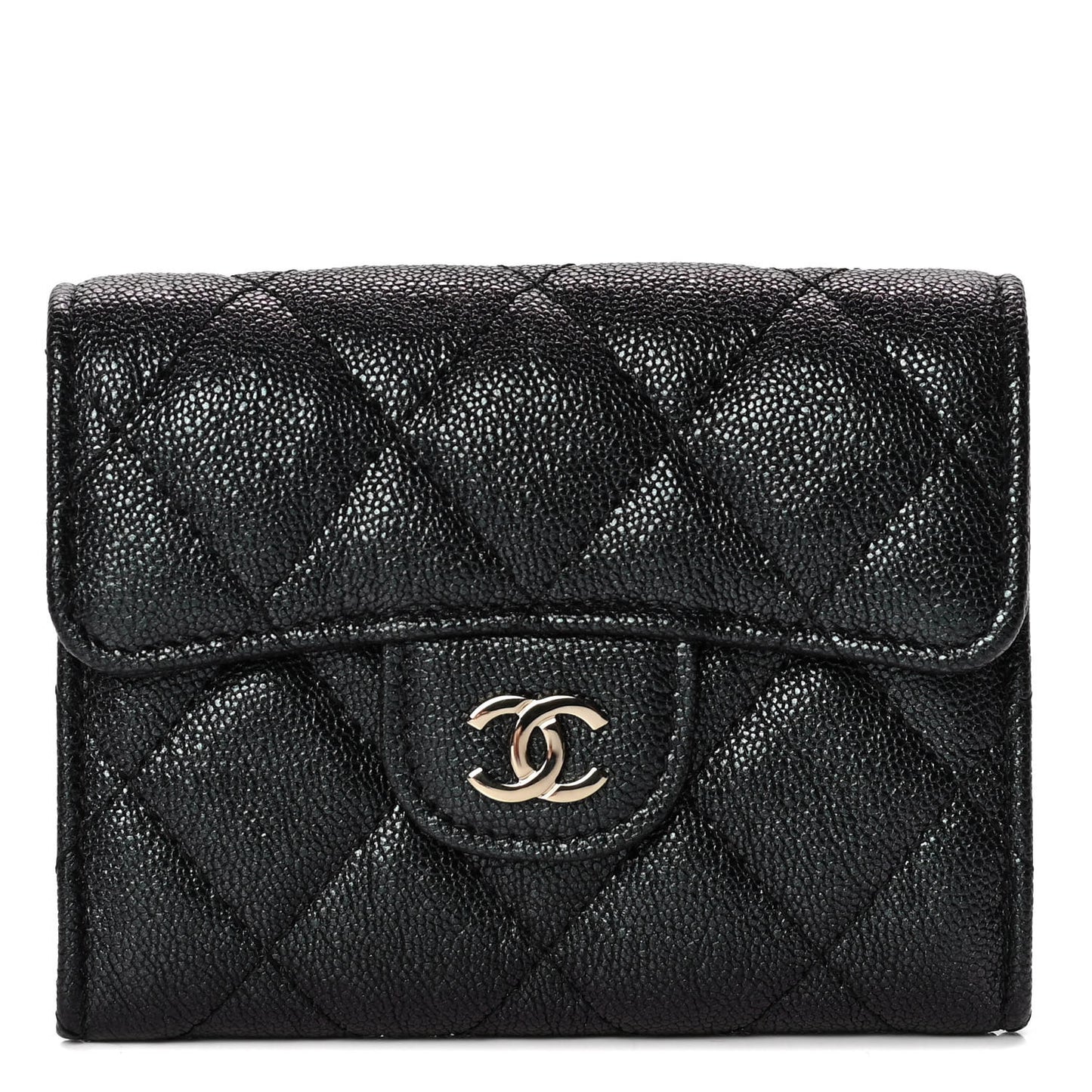 Iridescent Caviar Quilted Flap Card Holder Wallet Black