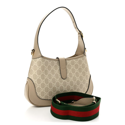 Gucci GG Supreme Monogram Textured Dollar Calfskin Web Small Jackie 1961 Hobo Beige Mystic White Oatmeal 3 of 11