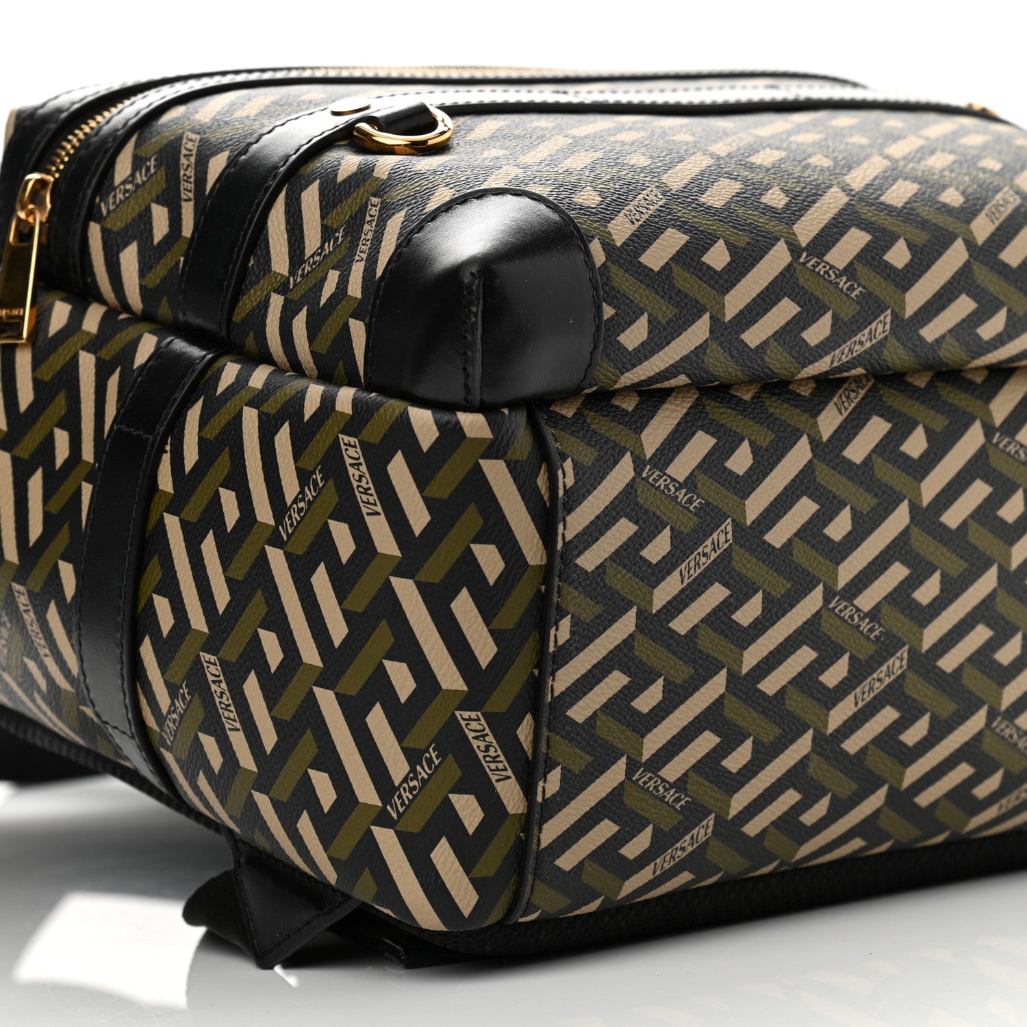 Versace Coated Canvas Calfskin La Greca Signature Backpack Black Khaki 8 of 10