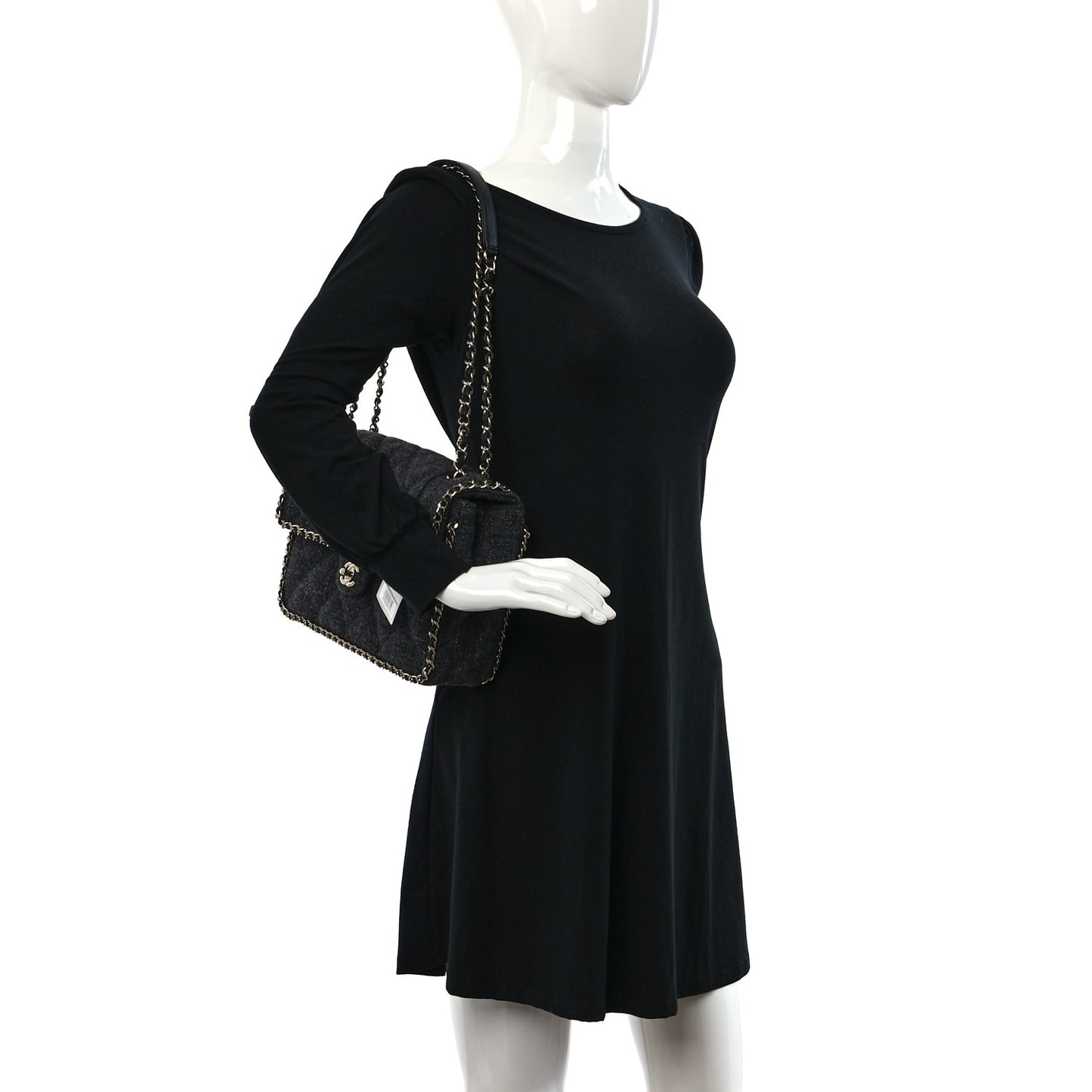 Wool Tweed Quilted Coco Neige Chain Around Flap Black