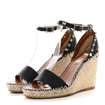 Valentino Garavani Grained Calfskin Rockstud Ankle Strap Espadrille 15/105mm Wedge Sandals 39 Black Light Cuir Natural 3 of 8