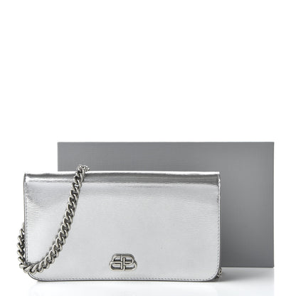 Balenciaga Metallic Grained Calfskin BB Phone Holder Wallet On Chain Silver 10 of 10