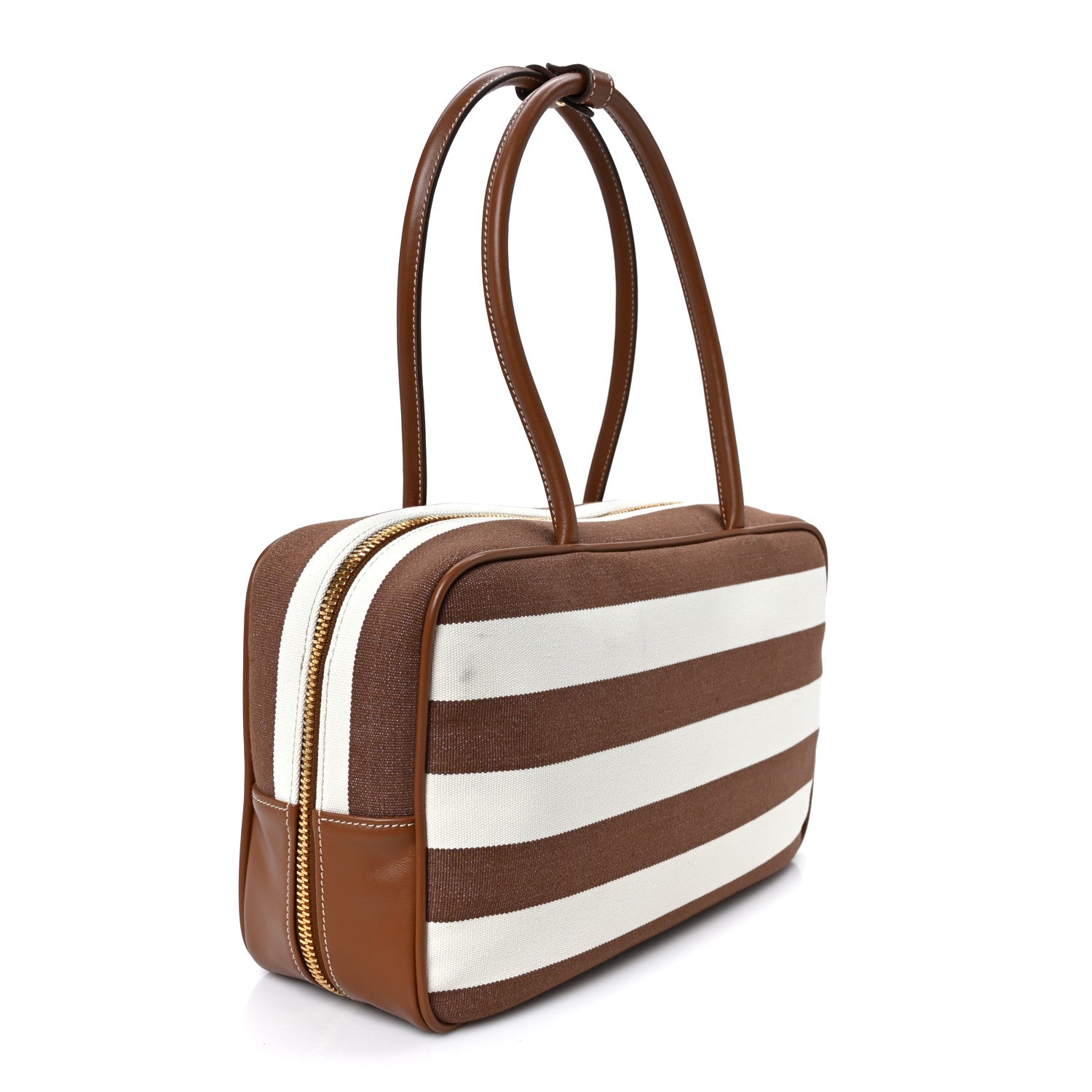 Miu Miu Canvas Calfskin Striped Large Beau Top Handle Bag Naturale