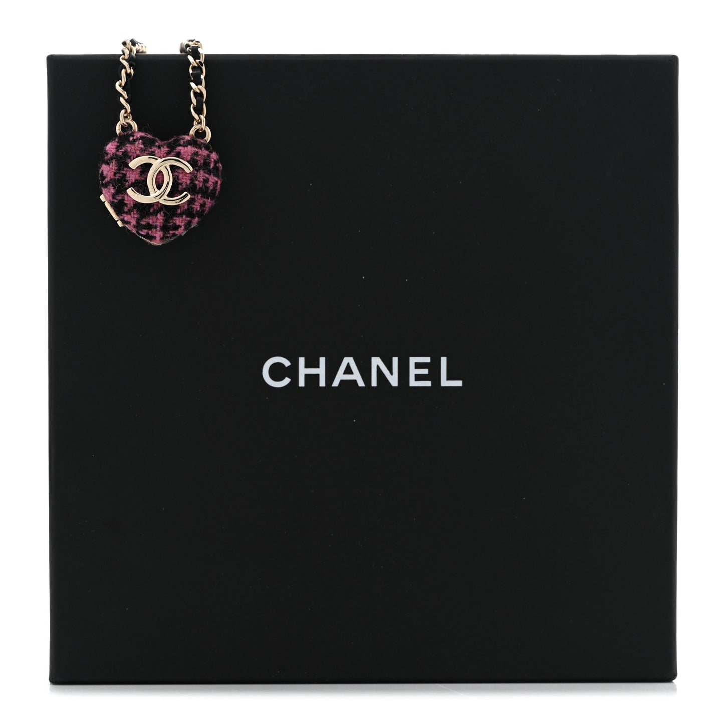 Lambskin Tweed CC Locket Pendant Necklace Black Pink Gold