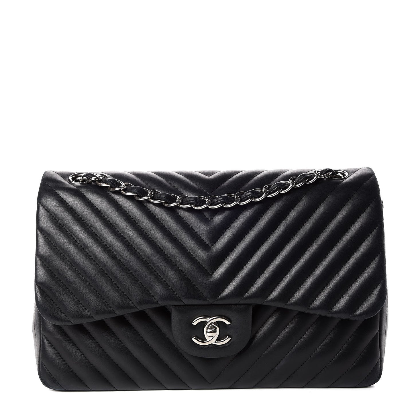 Lambskin Chevron Quilted Jumbo Double Flap Black