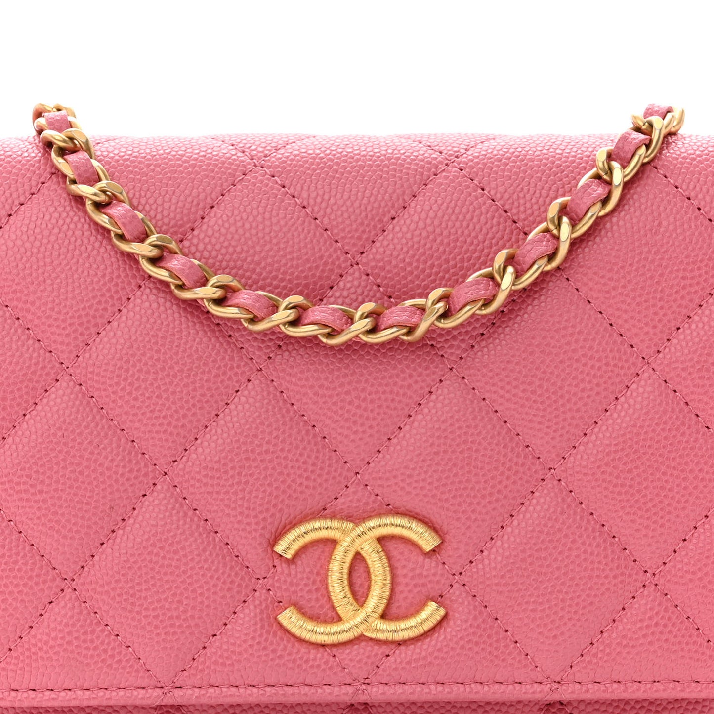 Caviar Quilted Textured CC Wallet On Chain WOC Pink