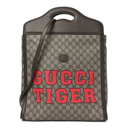 Gucci GG Supreme Monogram Textured Dollar Calfskin Web Gucci Tiger Slip Handle Tote Beige Ebony Live Red New Shamarock New Acero 1 of 10