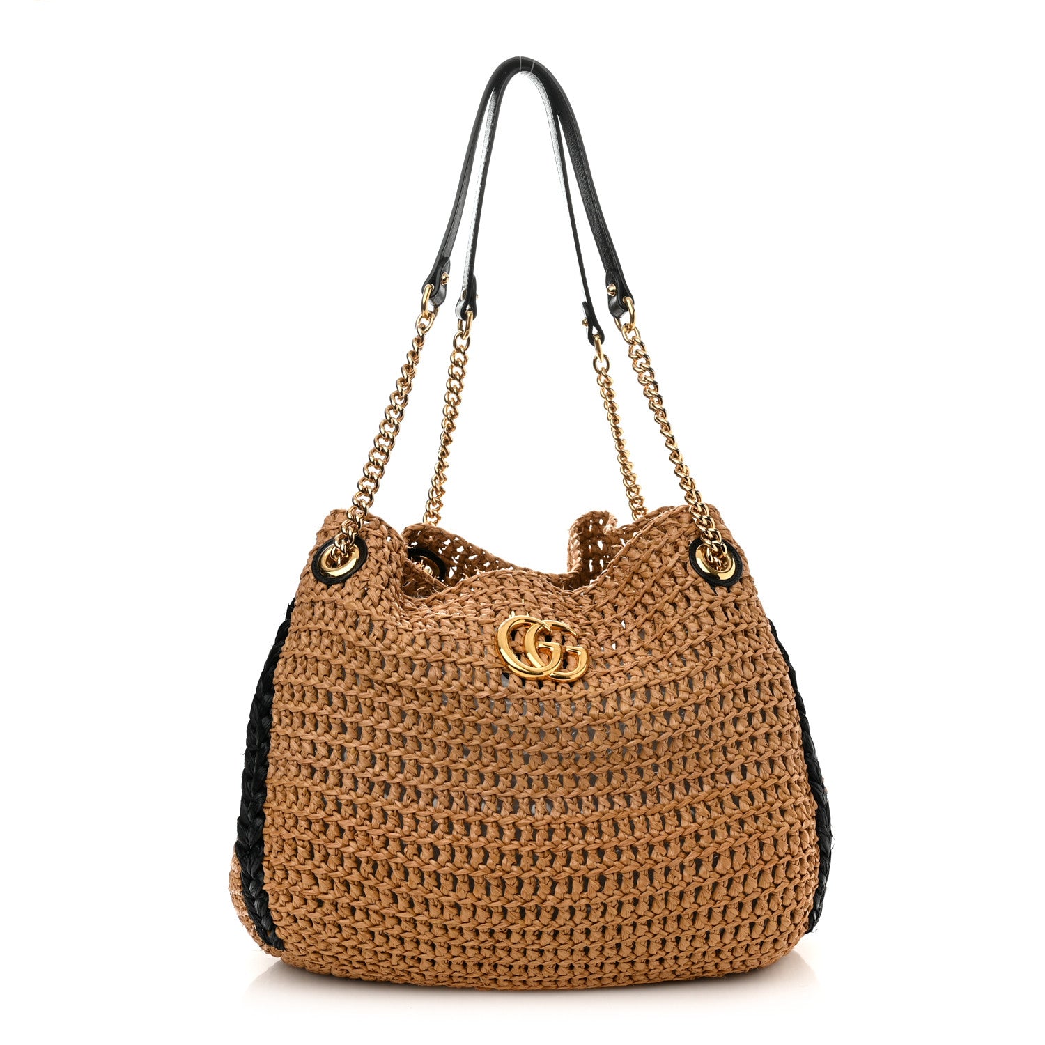 Gucci Raffia Effect Large GG Marmont Shoulder Tote Bag Natural Black 1 of 10