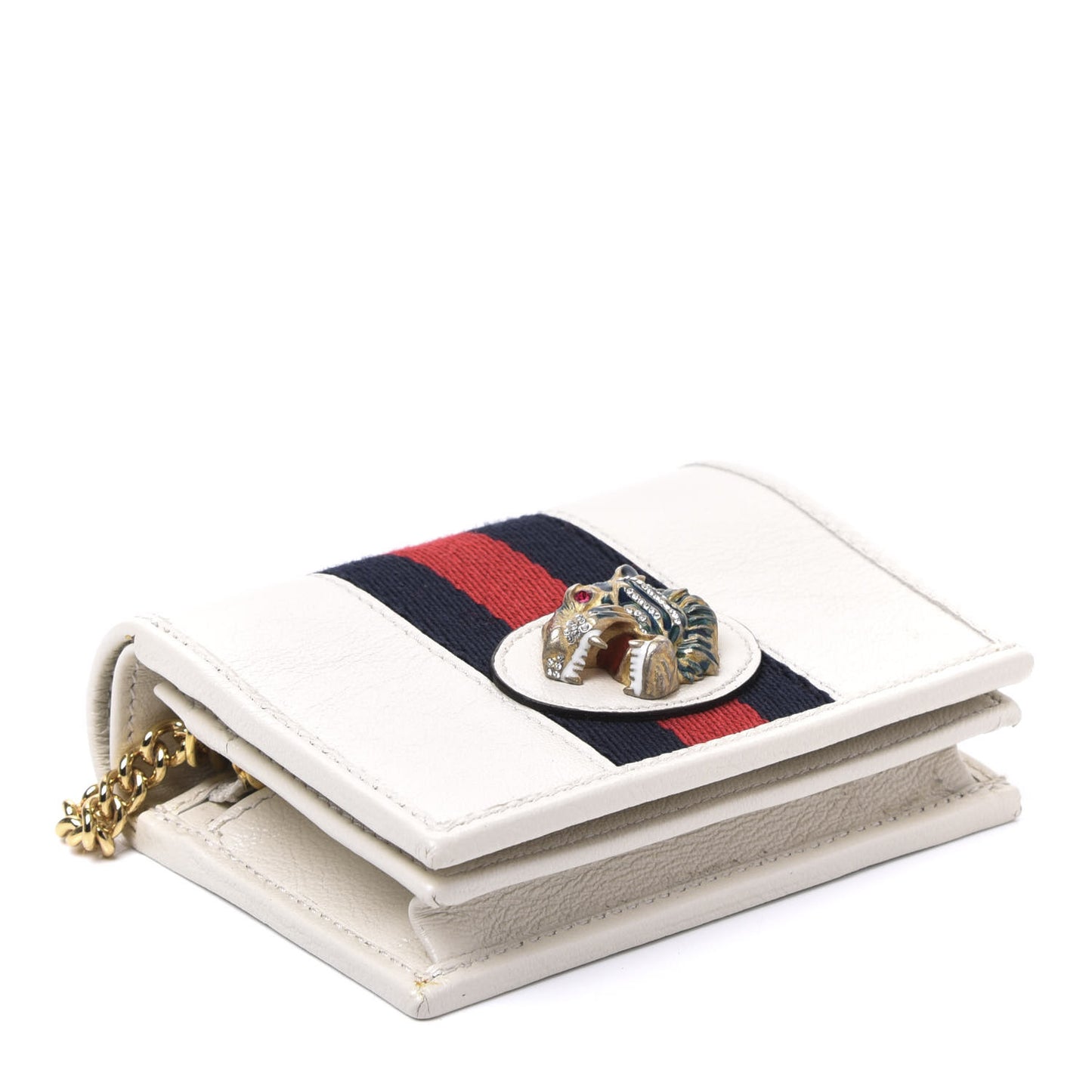 Calfskin Web Rajah Chain Card Case Wallet White
