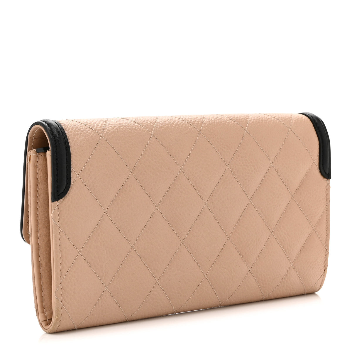Caviar Quilted Filigree Large Gusset Flap Wallet Beige Black