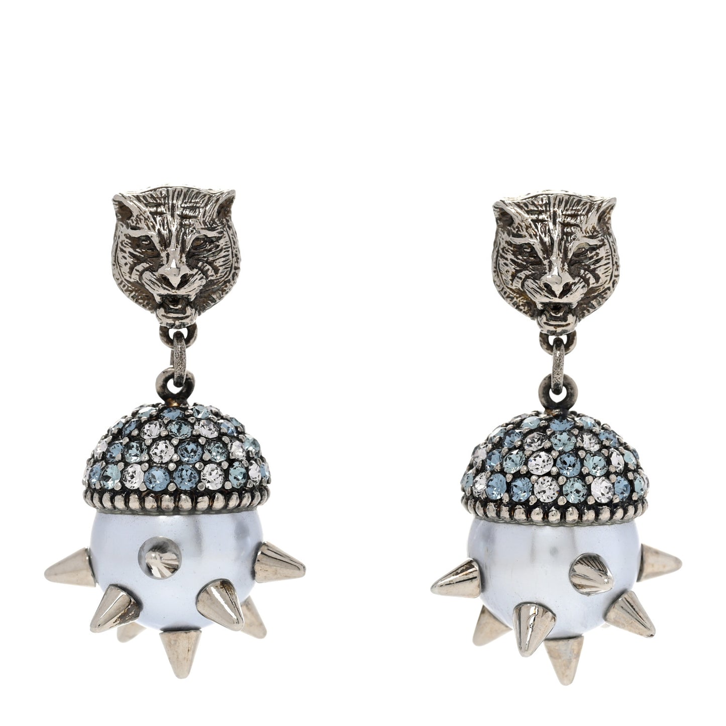 Metal Crystal Pearl Spike Feline Earrings Silver