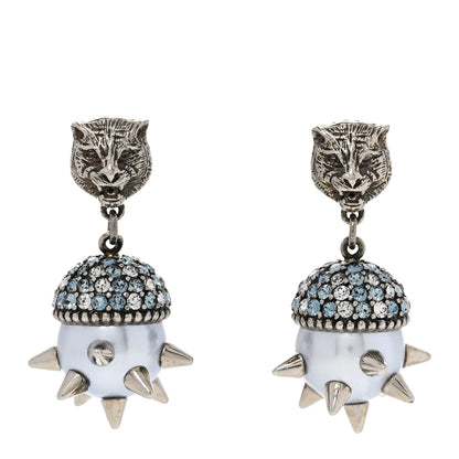 Gucci Metal Crystal Pearl Spike Feline Earrings Silver 1 of 6