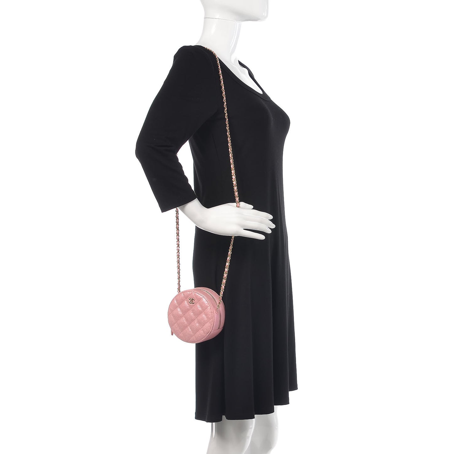 Iridescent Caviar Quilted Round Clutch With Chain Pink