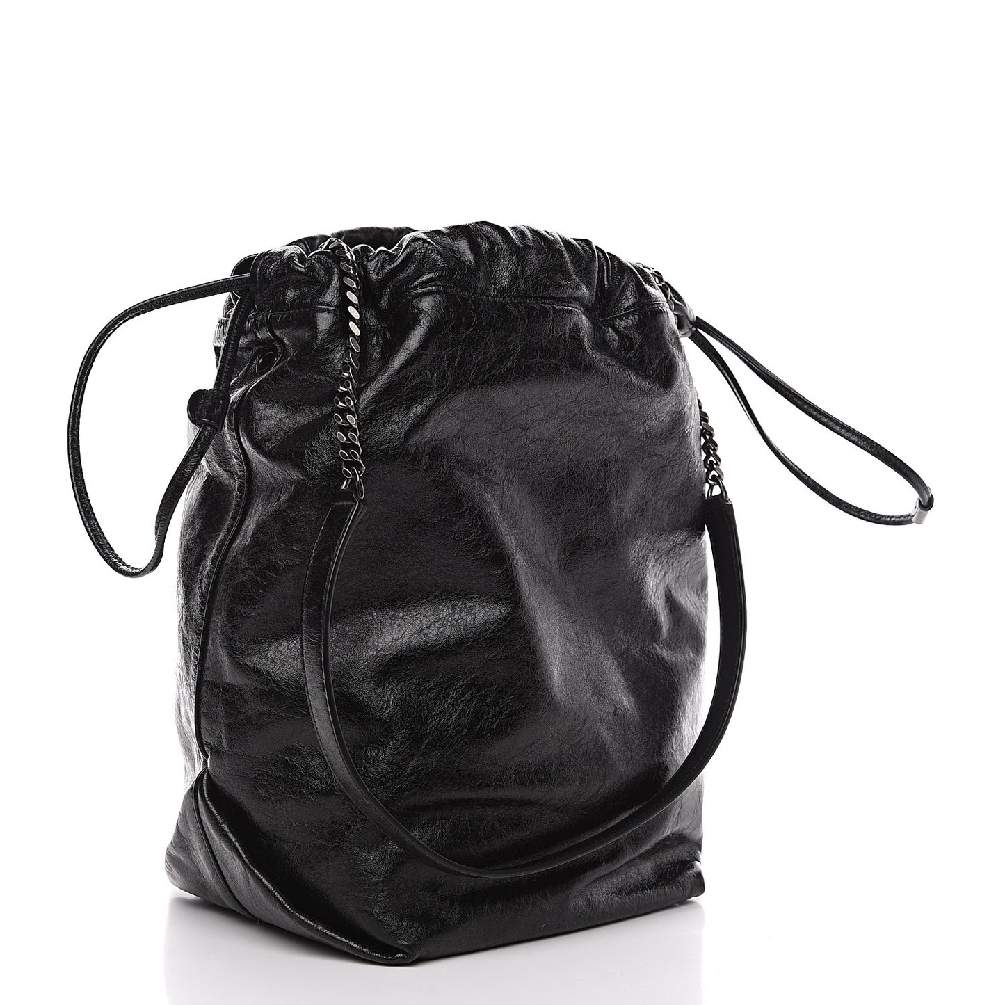 Cracked Shiny Calfskin Teddy Drawstring Bag Black