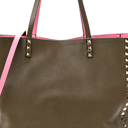 Valentino Garavani Grained Calfskin Medium Rockstud Reversible Tote Army Green Pink 11 of 16
