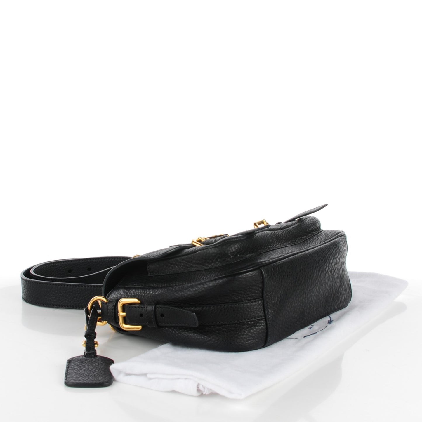 Vitello Daino Double Buckle Messenger Bag Black