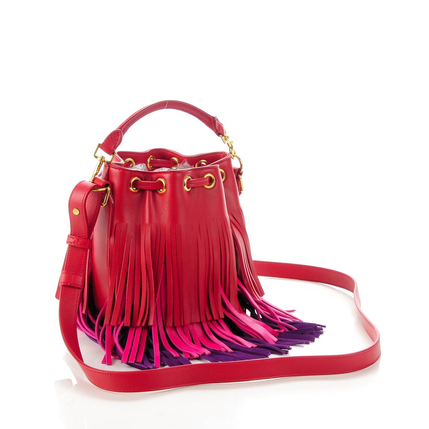 Calfskin Tri-Color Small Emmanuelle Fringe Bucket Bag Red Bubblegum Purple