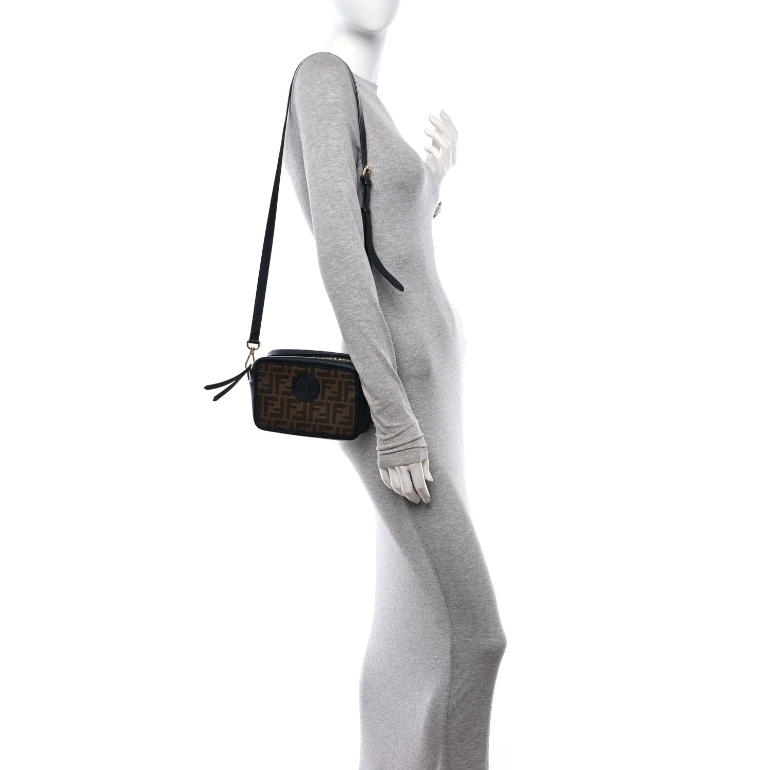Fendi Glazed Fabric Vitello Century FF 1974 Stamp Patch Mini Camera Case Mogano Panna Black 3 of 11