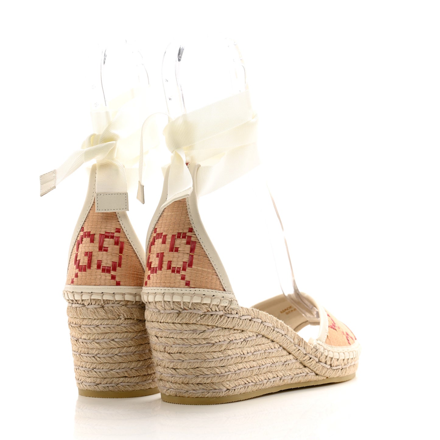 GG Raffia Monogram Ankle Wrap Platform Espadrille Wedge Sandals 37 Beige