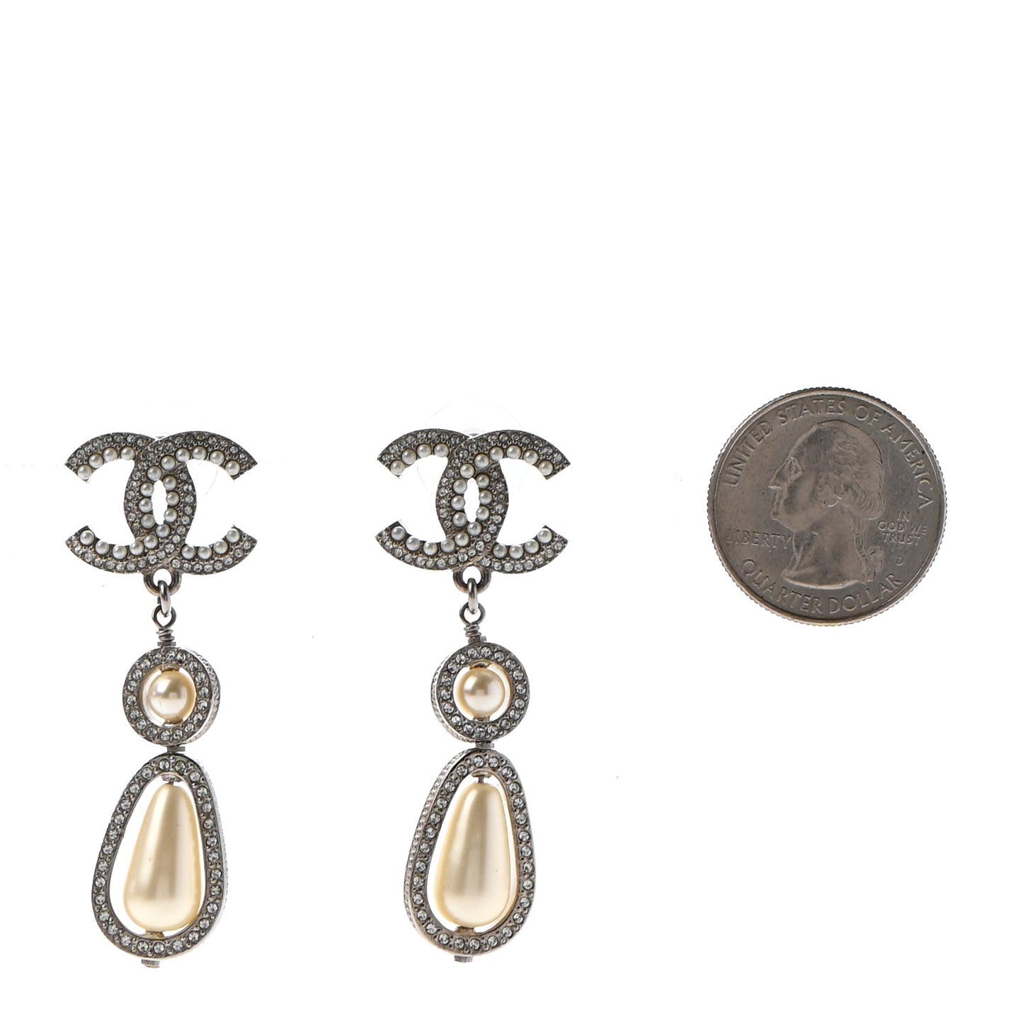 Crystal Pearl CC Drop Earrings Silver