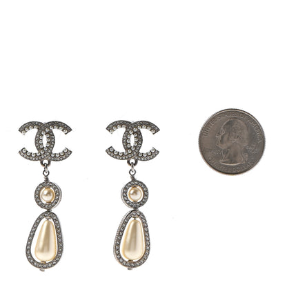 Chanel Crystal Pearl CC Drop Earrings Silver 1 of 3