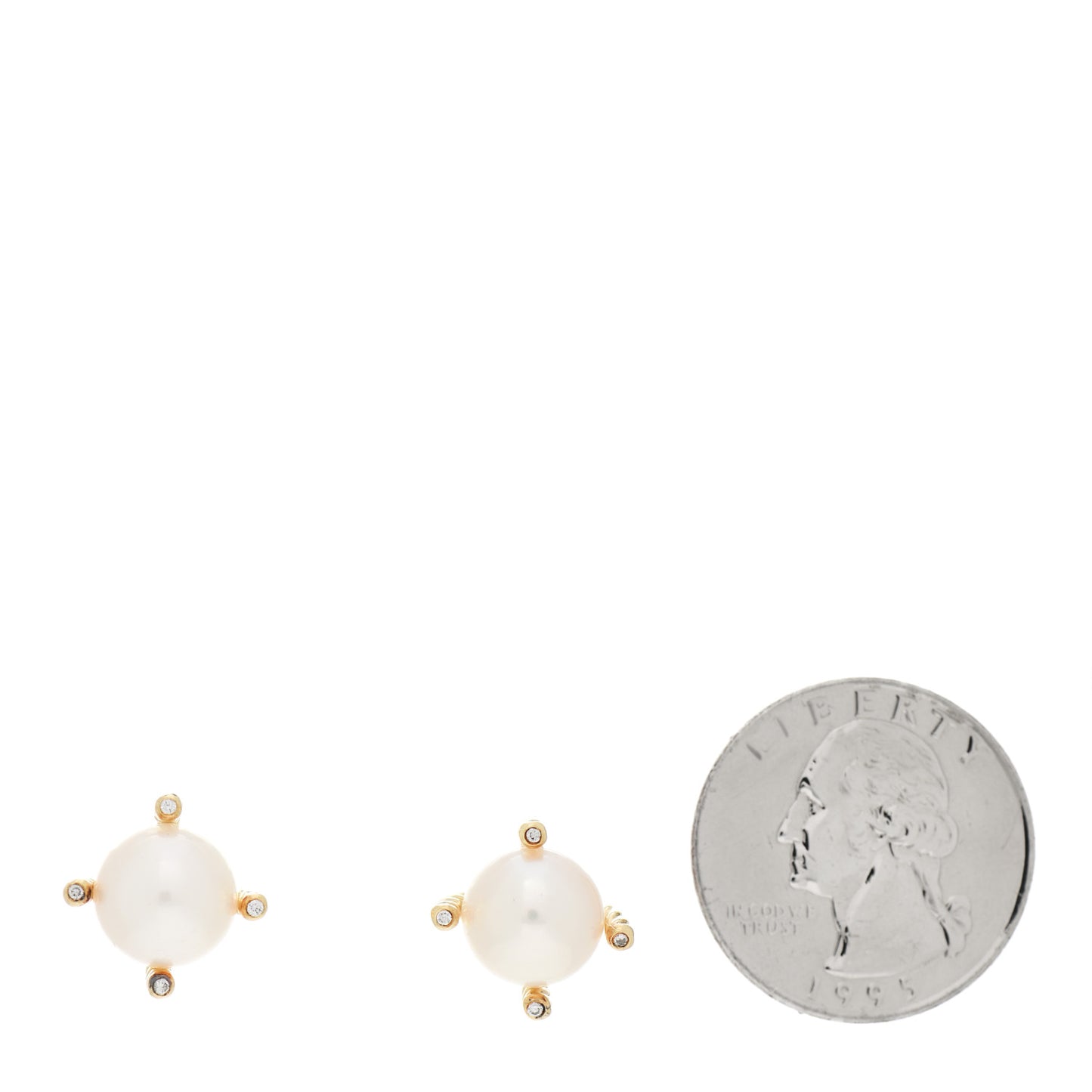 18K Yellow Gold Diamond Pearl 10mm Cable Stud Earrings