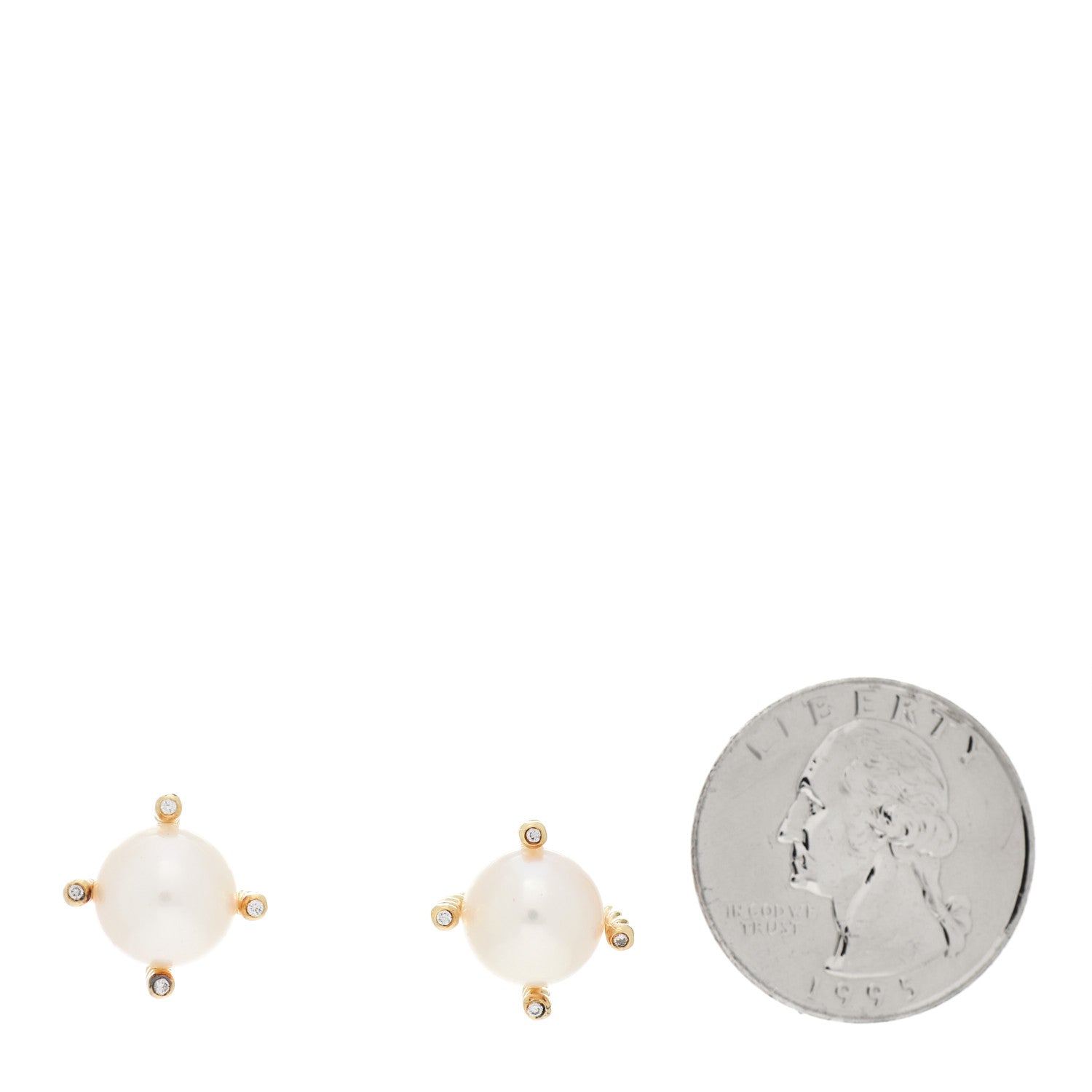 David Yurman 18K Yellow Gold Diamond Pearl 10mm Cable Stud Earrings 2 of 5
