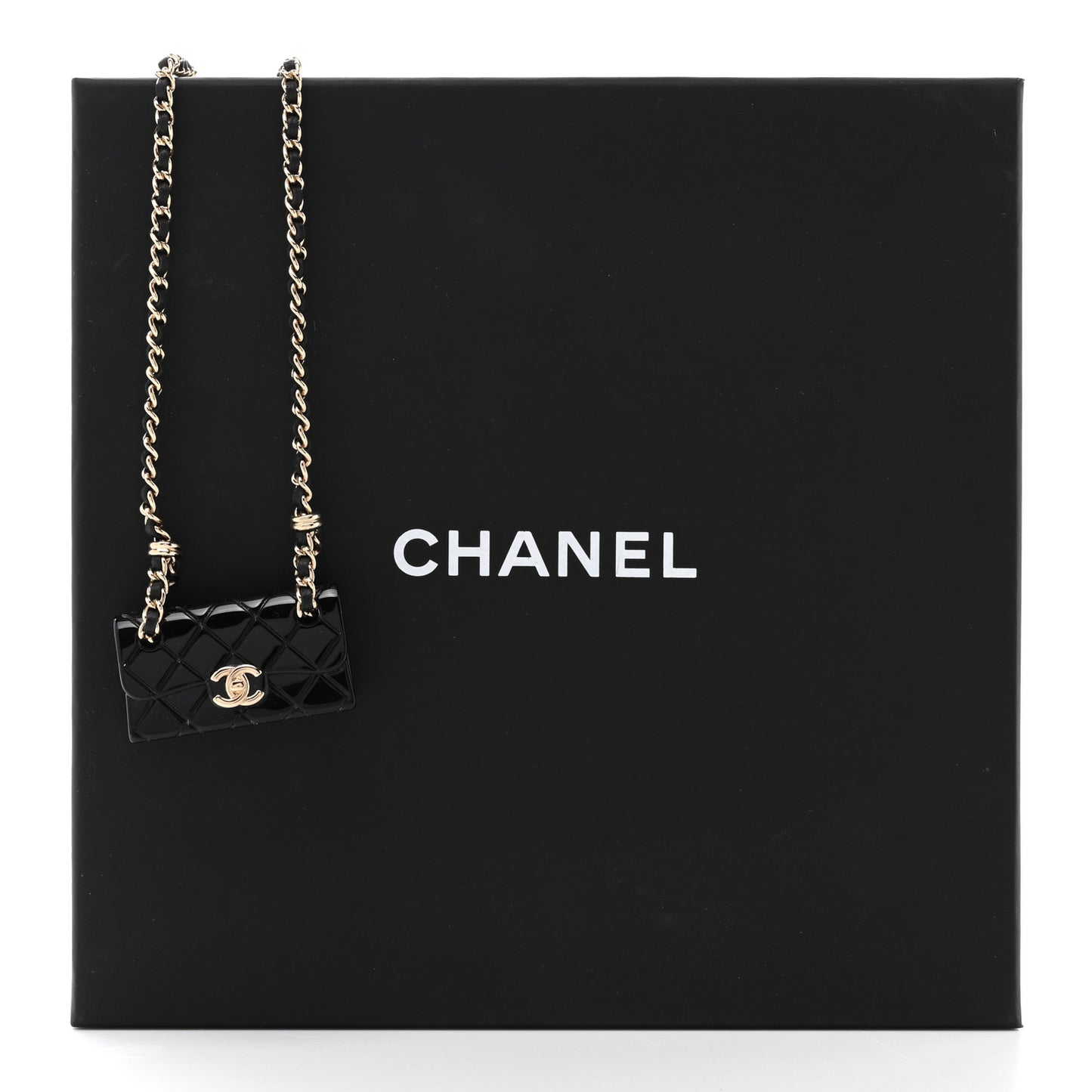 Metal Resin Calfskin Quilted CC Turnlock Chain Bag Necklace Gold Black