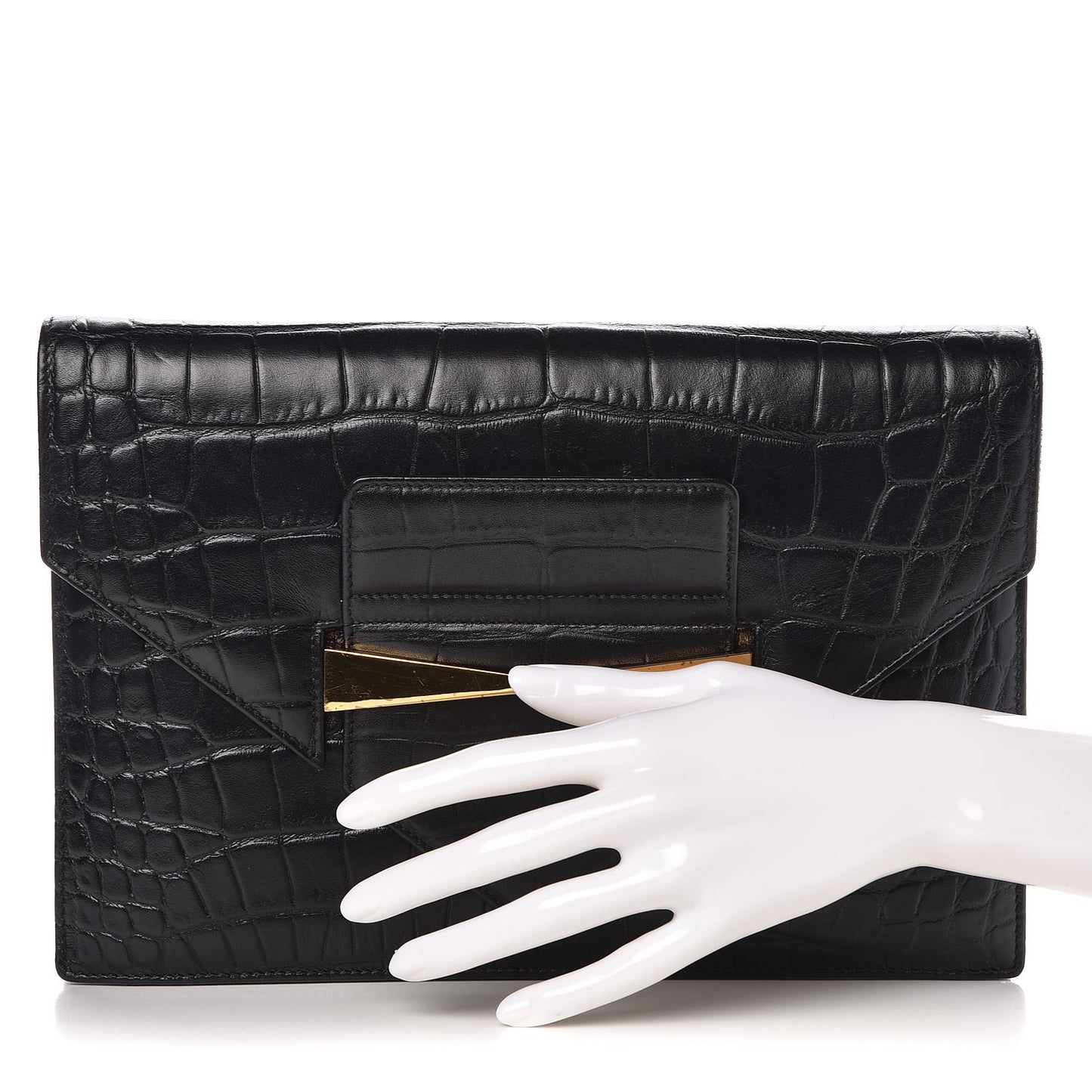 Calfskin Crocodile Embossed Large Envelope Clutch Black