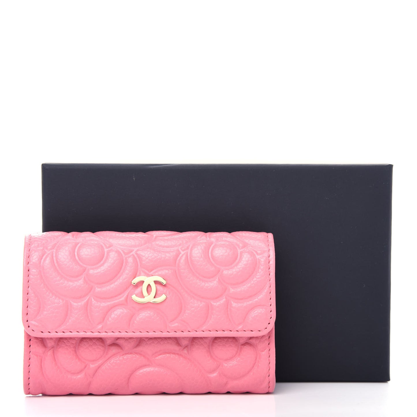 Caviar Camellia Embossed Card Holder Wallet Pink