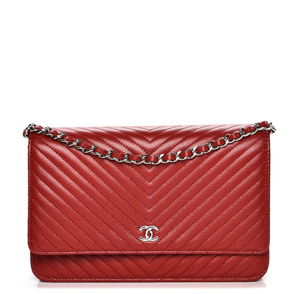 Chanel Caviar Chevron Quilted Wallet On Chain WOC Red 1 of 9