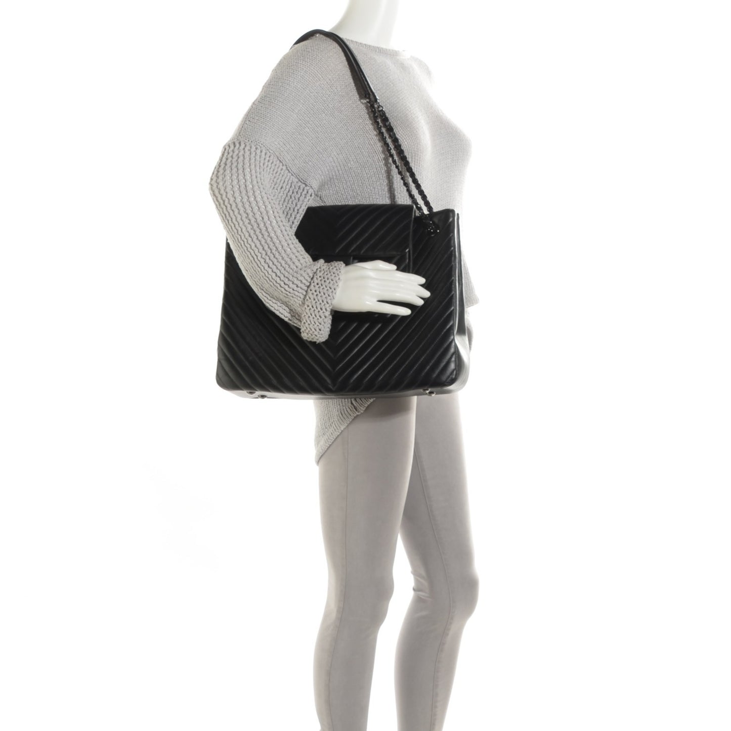 Calfskin Chevron Quilted Flap Tote So Black