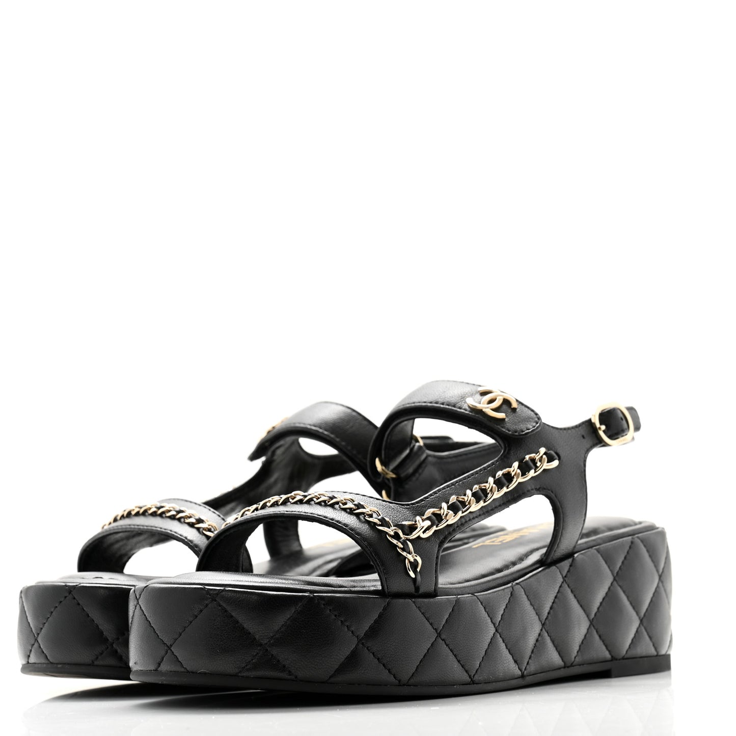 Lambskin Quilted Chain CC Platform Sandals 37.5 Black