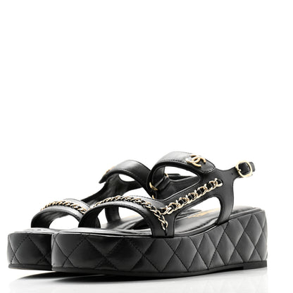 Chanel Lambskin Quilted Chain CC Platform Sandals 37.5 Black 3 of 10