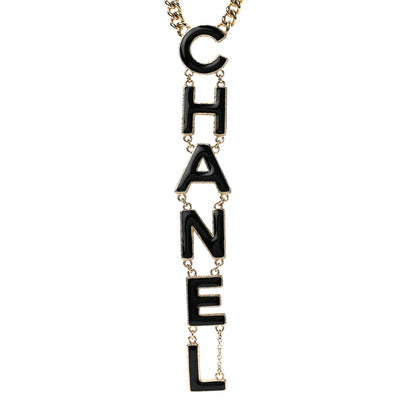 Chanel Enamel Logo Chain Necklace Black Gold 4 of 7