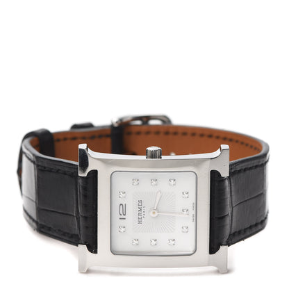 Hermes Stainless Steel Alligator Diamond Mother of Pearl 26mm Heure H Hour Quartz Watch Noir 2 of 5