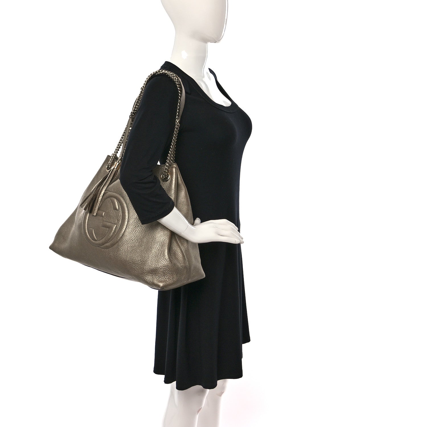 Gucci Metallic Pebbled Calfskin Large Soho Chain Shoulder Bag Golden Beige 2 of 10