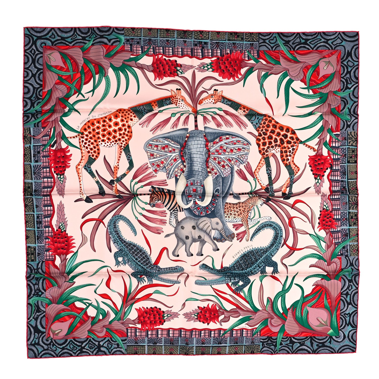 Hermes Silk La Marche Du Zambeze Scarf 90 Rose Pale Rouge Vert 1 of 5