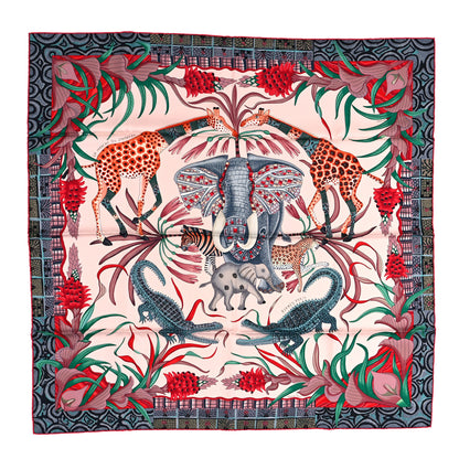 Hermes Silk La Marche Du Zambeze Scarf 90 Rose Pale Rouge Vert 1 of 5