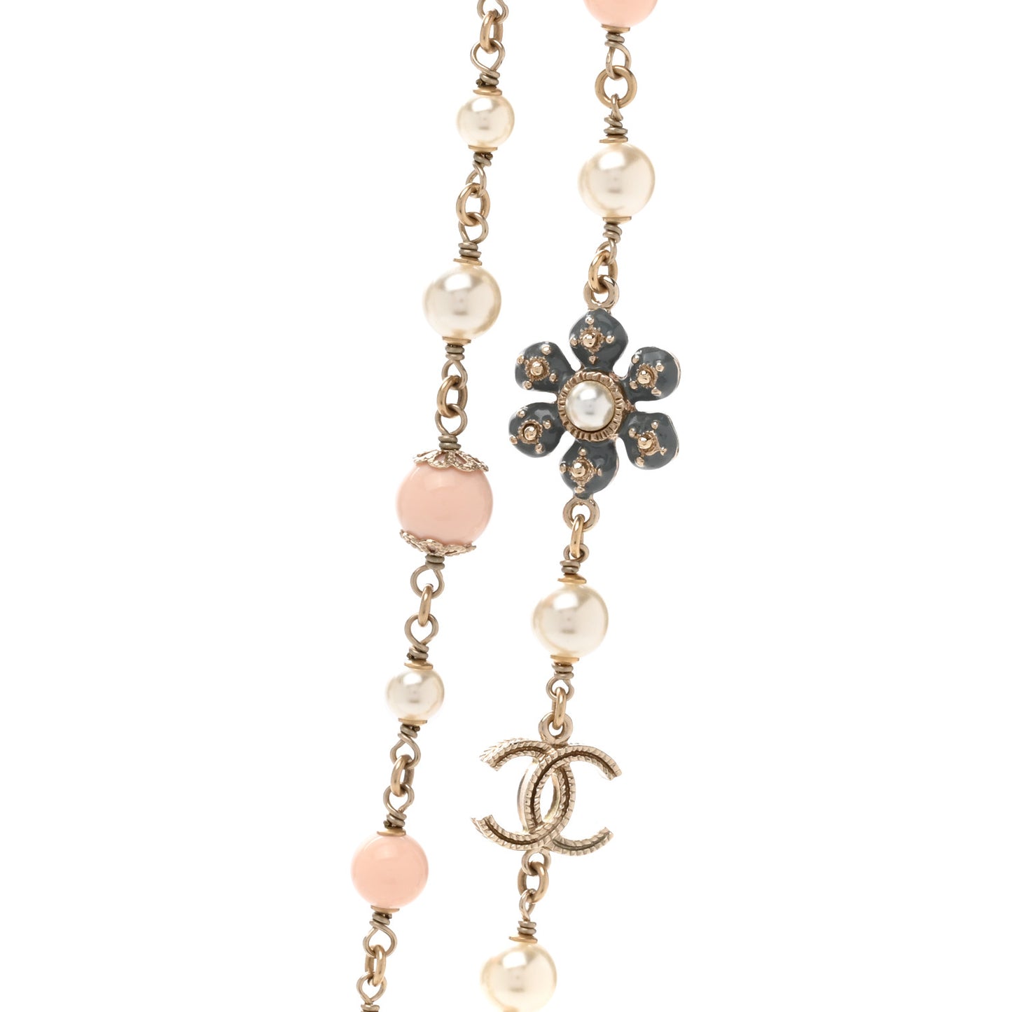 Enamel Pearl Beaded Camellia CC Long Necklace Gold Pink